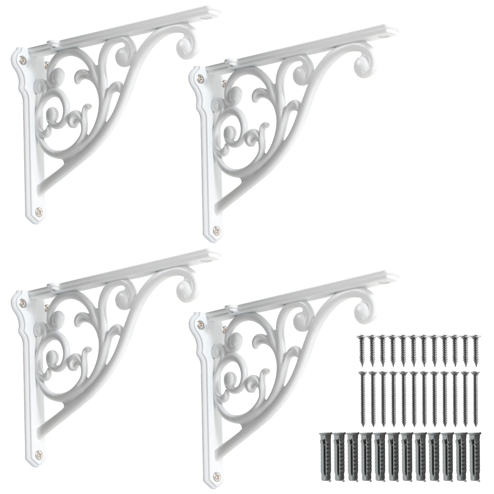 Khtumeware ornate decorative shelf brackets, 5-inch small wall mounted shelving bracket, 4 pack white vintage metal shelf bracket victorian wall bracket. (4, White)