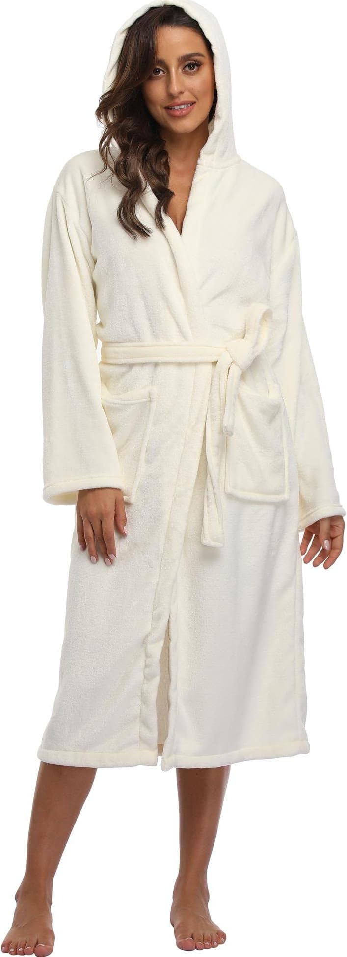 VIKEY Women's Long Hooded Bathrobe Plush Fleece Robe for Christmas Warm Pajamas Shower Nightgown