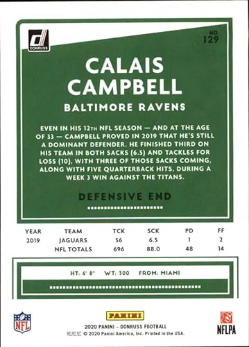 Miniatura 2 de 2020 Donruss #129 Calais Campbell Baltimore Ravens NFL Football Card NM-MT