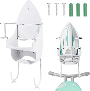 Ironing Board Hanger Wall Mount, Electric Iron Holder Laundry Room Iron and Ironing Board Storage Organizer Shelf, with Removable Hooks for Laundry Rooms Storage Organizer(White)
