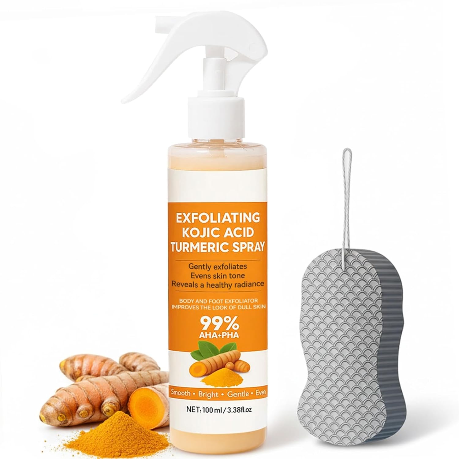 Kojic Acid Turmeric Spray with Sponge, Exfoliating Body Spray with Retinol, Niacinamide, Glutathione, Gentle Exfoliation for All Skin Types, Turmeric Peeling Shot, 100ml