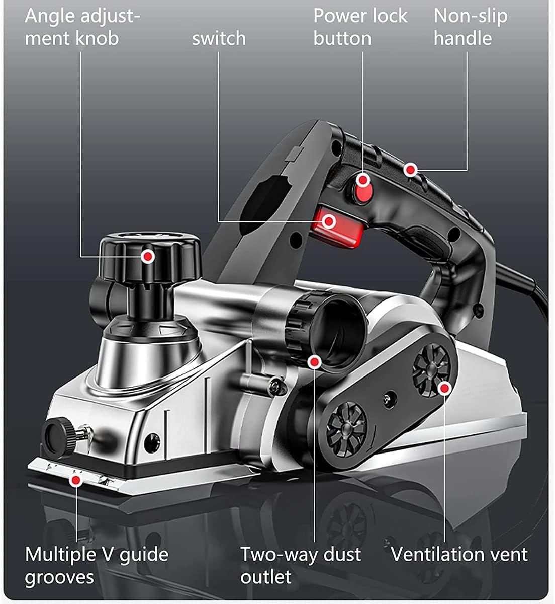 Planers Power Hand, 1500 Electric, 16,500Rpm with/min Woodworking Hand Held Adjustable 0-2mm Planing Depth