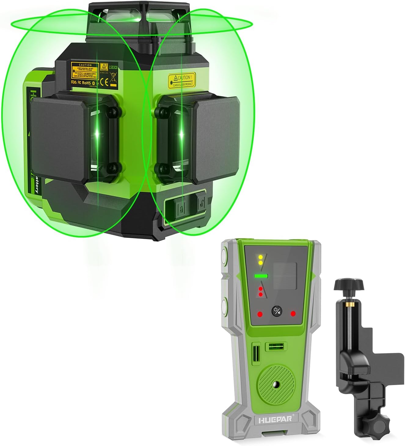 Huepar Outdoor Laser Level with Receiver, 3D 3x 360 ° Laser level LS03CG and Laser Receiver LR-8RG for Outdoor Daytime or Long Distance Job