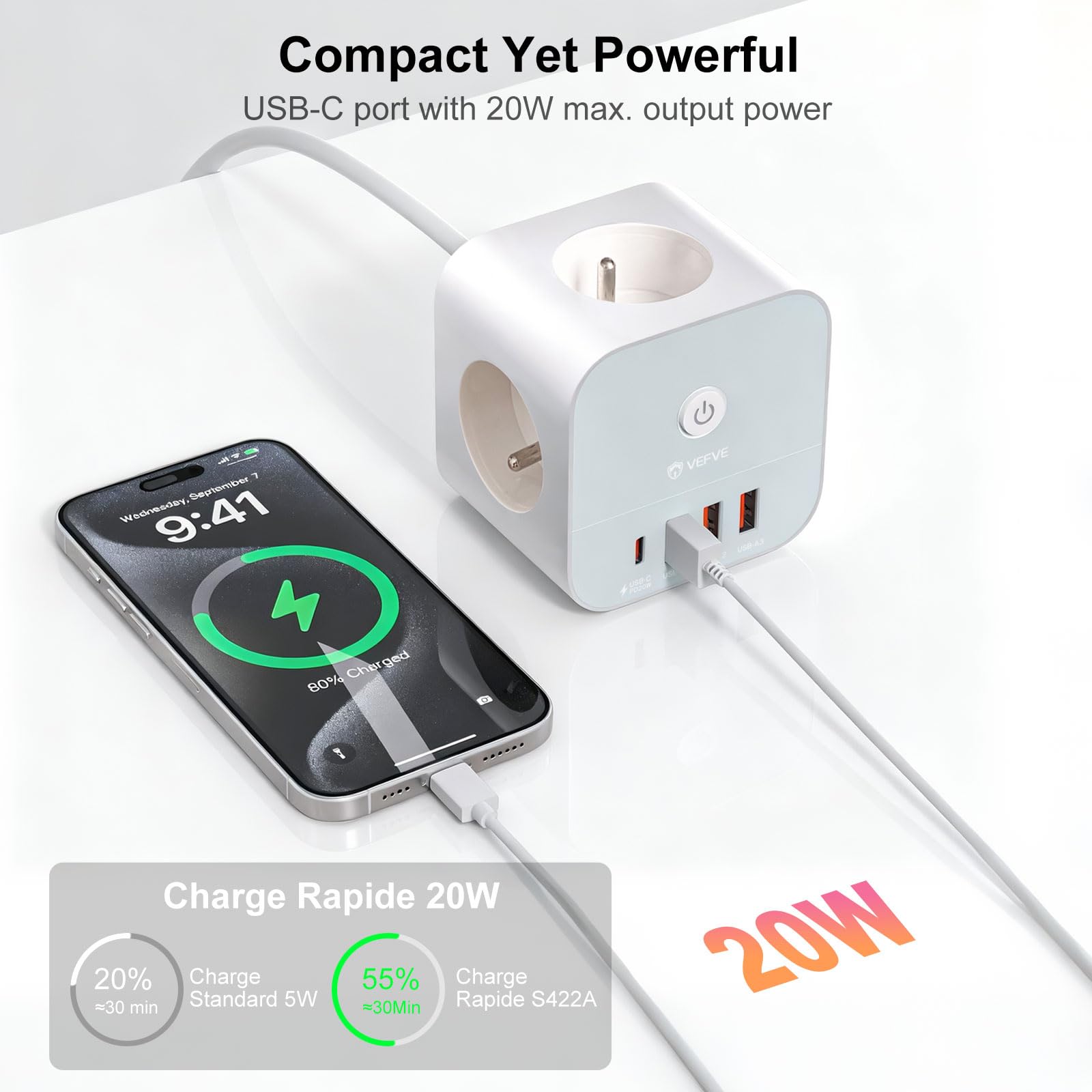 VEFVE Regleta Tipo E (Estándar Francés), Cubo Enchufes USB C 20W PD, Ladrón 7 en 1 con Interruptor, para Francia/Bélgica/Polonia, Cable 3m, Blanco