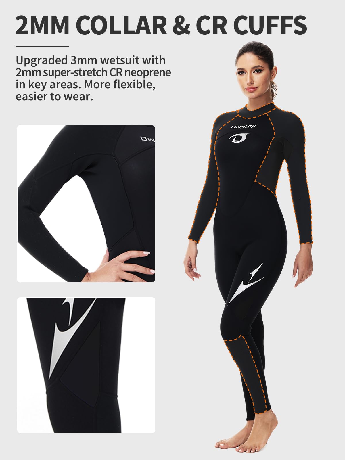 Owntop Damski Pełna Długość Piankowego Kombinezonu 3/2mm, Ultra Elastyczny Zimowy Kombinezon Z Długim Rękawem, Kombinezon do Surfingu i Nurkowania z Neoprenu dla Dorosłych, Kobiety Czarny M