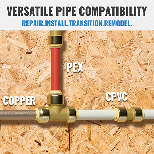 Image of SUNGATOR 15-Pack Push Fitting 1 /2 Inch, Coupling (10 PCS), Tee (5 PCS) | Brass Pex Fittings Assortment, Push-to-Connect, for Pex Pipe, Copper, CPVC, PE-RT, with 1 Disconnect Clip