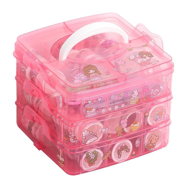 RAGHAVENTERPRISES Washi Tape Set with Carrying Case, 100 Rolls Decorative Masking Tapes, 20 Kawaii Stickers, Tweezer, Pen, Spatula, 3 Layer Storage Box, Pink