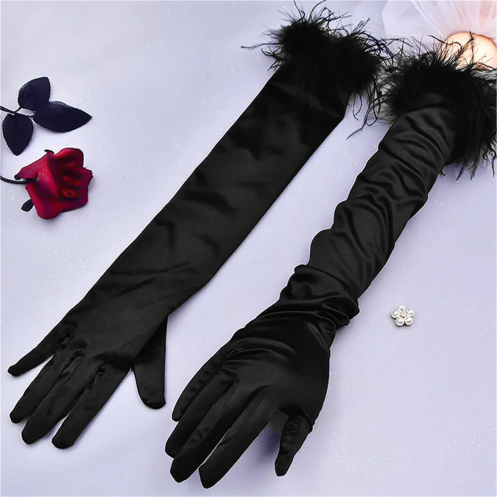 2 Paia Guanti in Raso Piuma Peluche Lunghi Elastici for Feste da Ballo Donne Halloween Diserbo for Trucco Teatrale Opera Per Feste E Balli