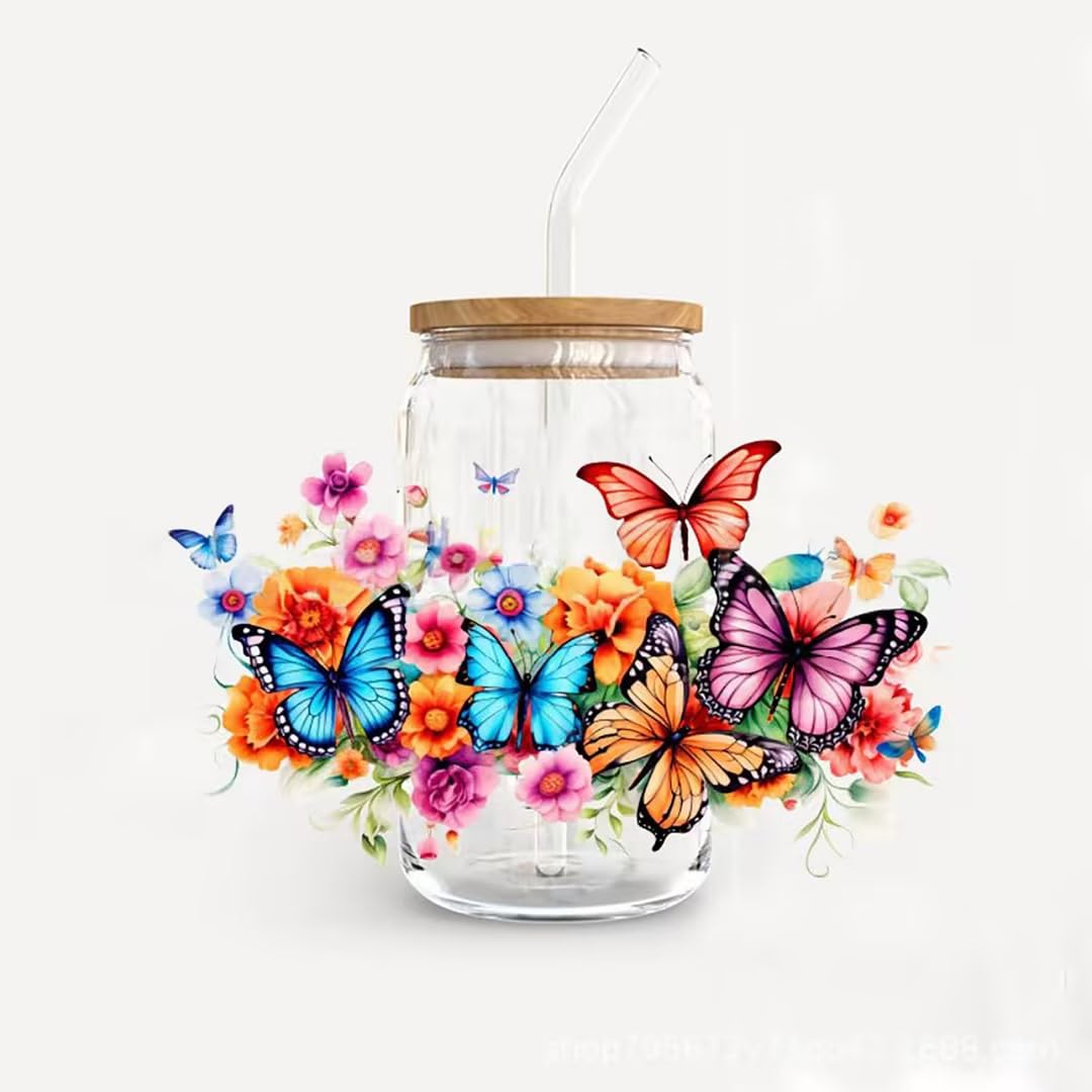 1Pc Butterfly UV DTF Cup Wrap, Flower Transfer Sticker for Glass Cup, Floral Rub on Transfers Stickers for Crafting, DIY Waterproof Decals Transfer Sticker for 16OZ Glass Cups, Trim and Embellishments