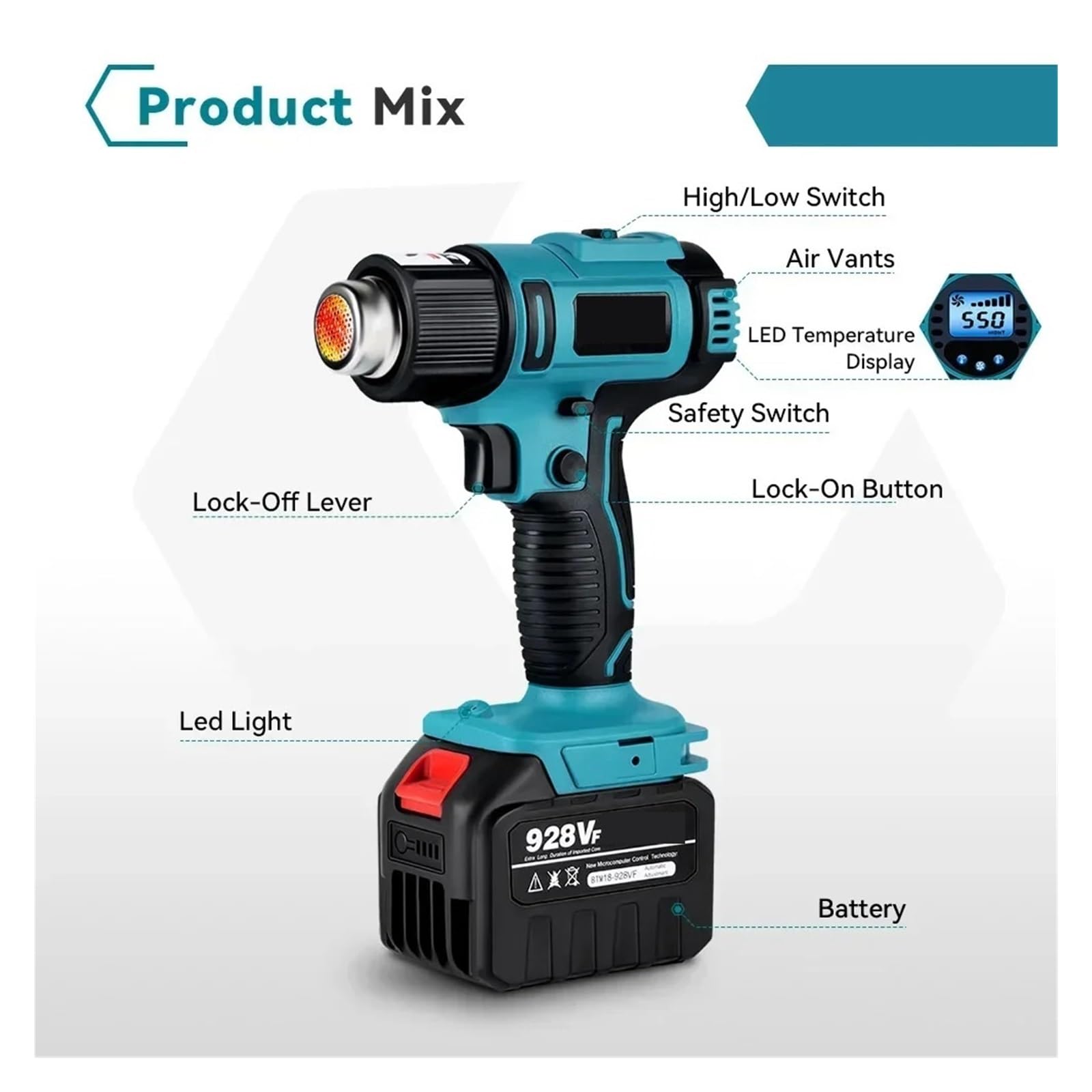 Pistola De Calor 18V 50-550℃ 2500W Alta/Baja 2 Velocidades. Velocidad Del Viento 6 Opcional. Con Pantalla LED Temperatura Aire Caliente Inalámbrica Calentamiento RáPido(1 Battery option 3)