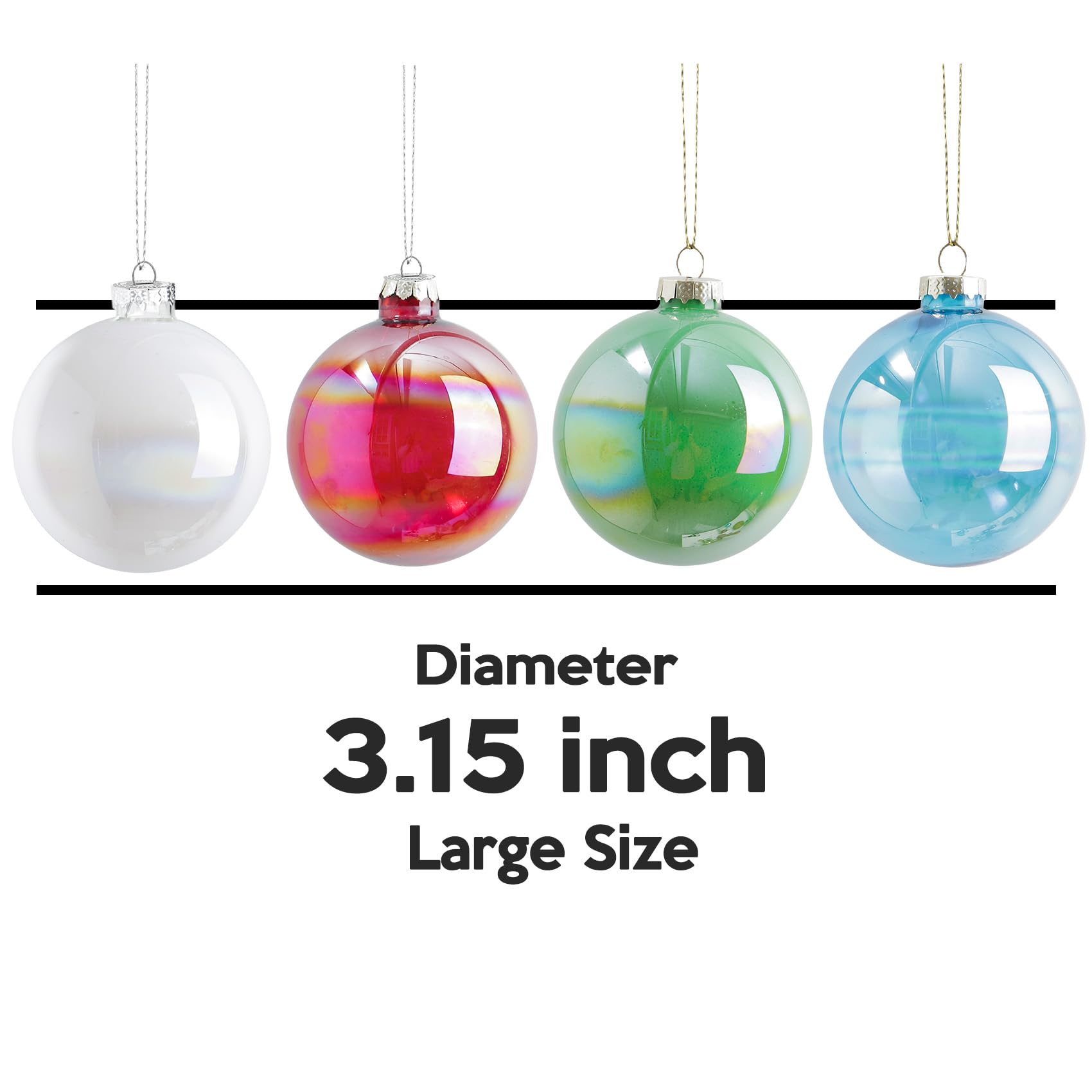 Lot de 12 grandes boules de Noël en verre arc-en-ciel à remplir pour sapin de Noël, rouge, vert, bleu, blanc, 8 cm