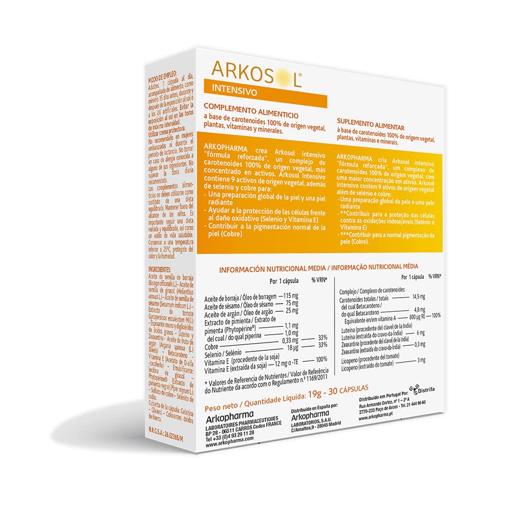 Arkopharma Arkosol Intensivo 30 Perlas Betacarotenos Cobre Vitamina E Selenio Complemento Alimenticio Preparar Piel para el Sol