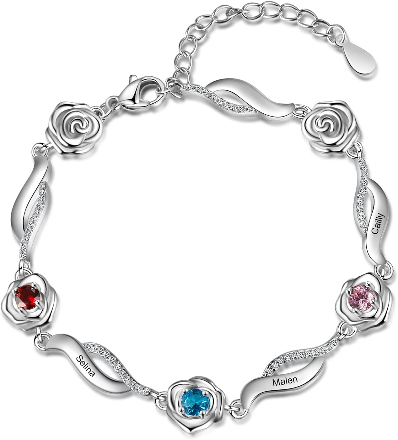 Personalized Simulated Birthstone Bracelets Adjustable Rose Flower Chain Charm Bracelet with 1-5 Name Initial Engraved for Women Mom Christmas Gifts