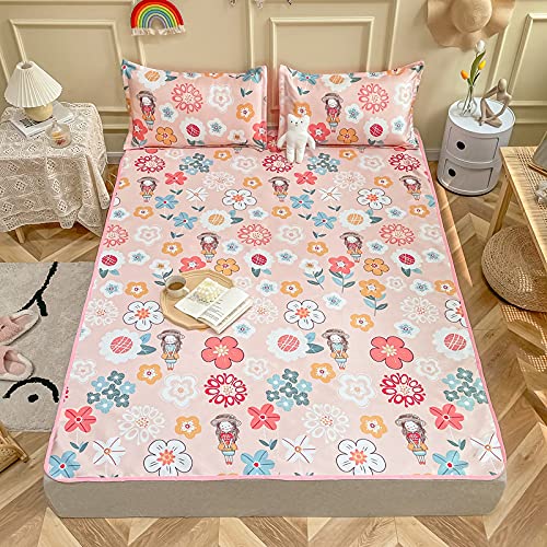 Kimko Floral Summer Sleeping Mat For Girls Ice Silk Mattress Pad Cover Air Conditioner Cooling Bed Sheet,Lightweight,And Washable【1 Cooling Mat + 2 Pillowcases】(# 04, Twin 59''X79) #TOP14