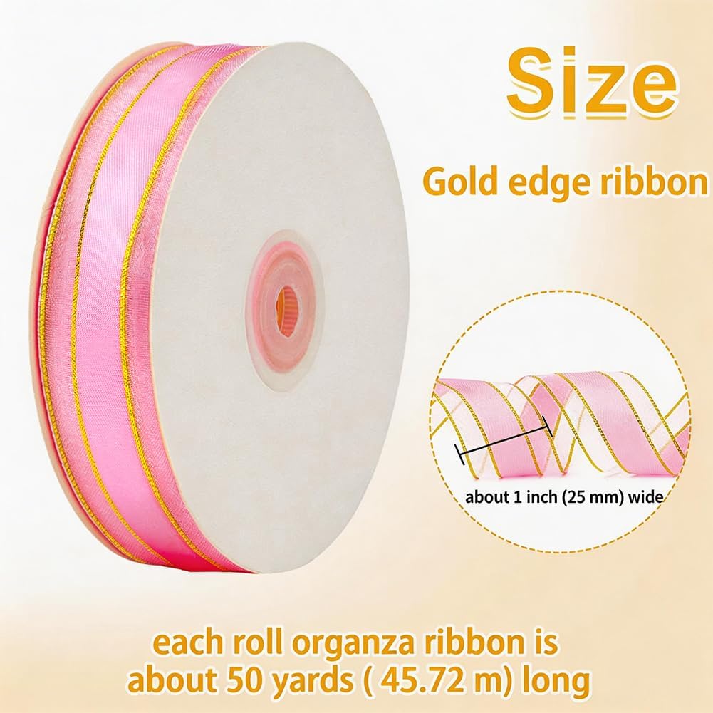 50 Yards 1 Inch Pink Chiffon Ribbon Gold Trim Edge Metallic Glitter Sheer Organza Transparent Voile Mesh Ribbons Bulk with Spool for Sewing Making Crafts Bouquet Wreaths Christmas Diy Supply image 2