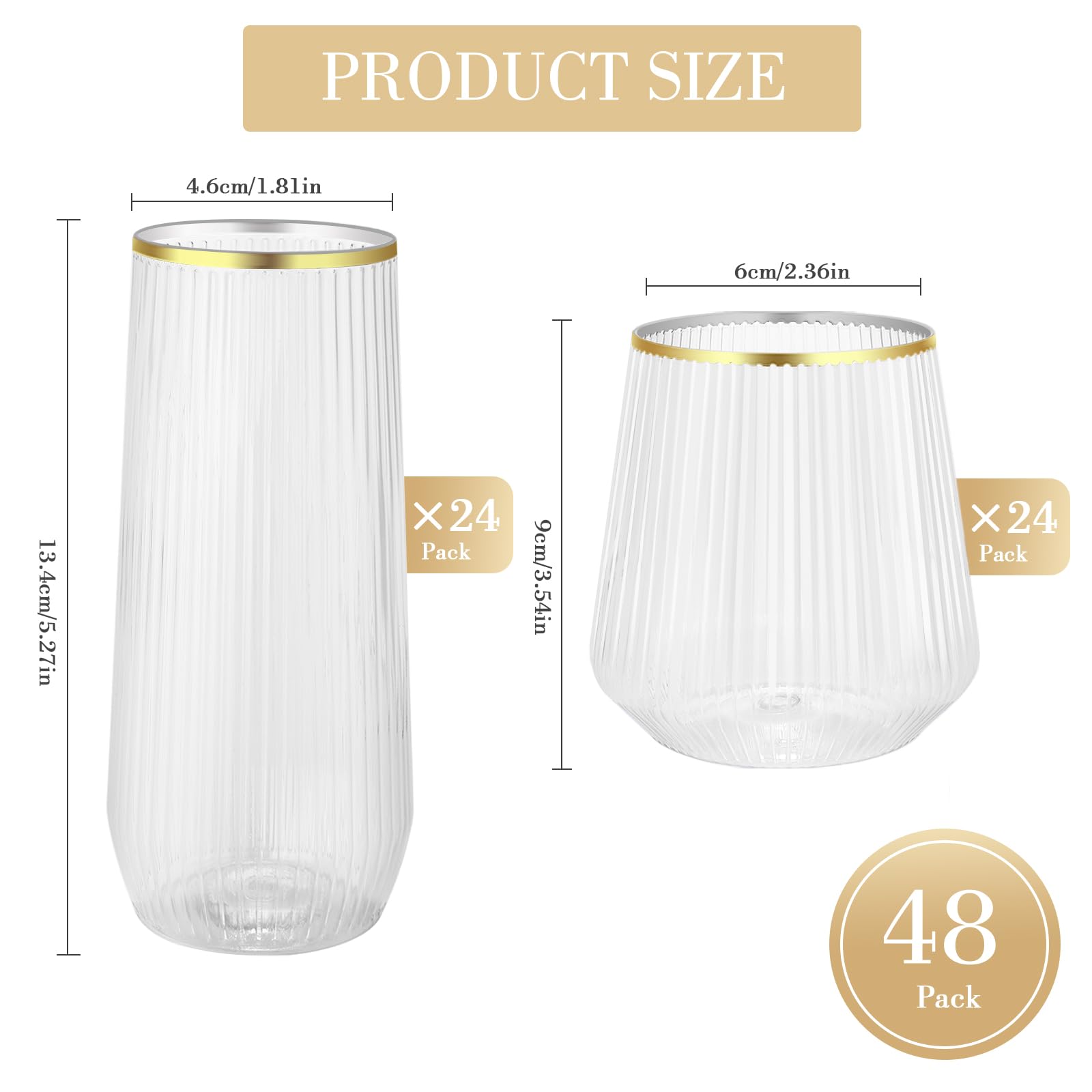 48 Pack Ribbed Plastic Wine Glasses – 24 x 9oz Stemless Champagne Flutes & 24 x 12oz Disposable Wine Glasses – Elegant Disposable Plastic Cups with Gold Rim – BPA-Free Drinkware for Weddings, Parties — Amazon image 6