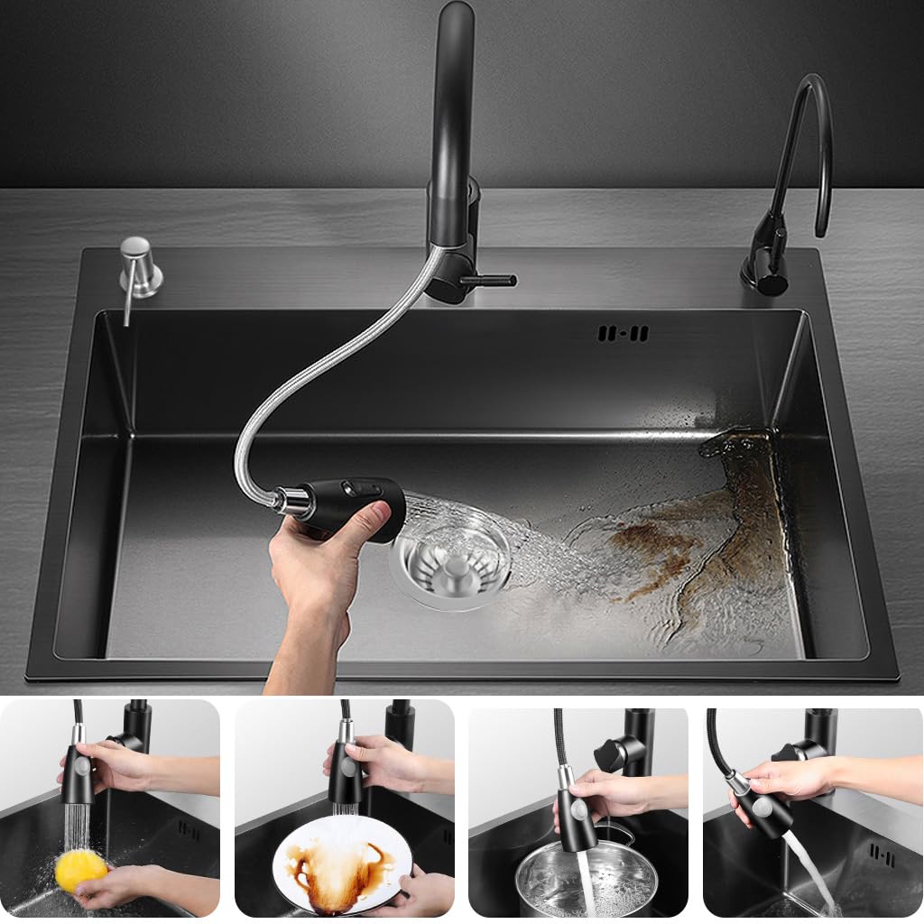 Fregadero De Cocina De Acero Inoxidable Negro, Fregadero De Cocina Con Varios Accesorios Deslizantes, Fregadero De Cocina Con Varios Accesorios (55 X 45 Cm)