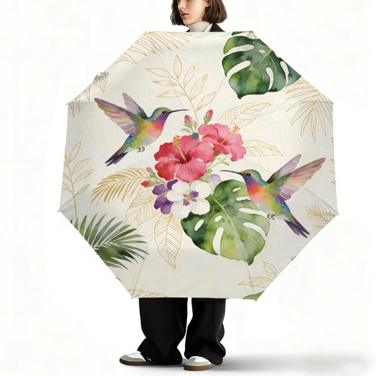 Ombrello estivo con colibrì ibisco, ombrello da viaggio, compatto, antivento, impermeabile, con protezione UV, rivestimento nero, leggero, 8 costole, portatile, per pioggia e sole