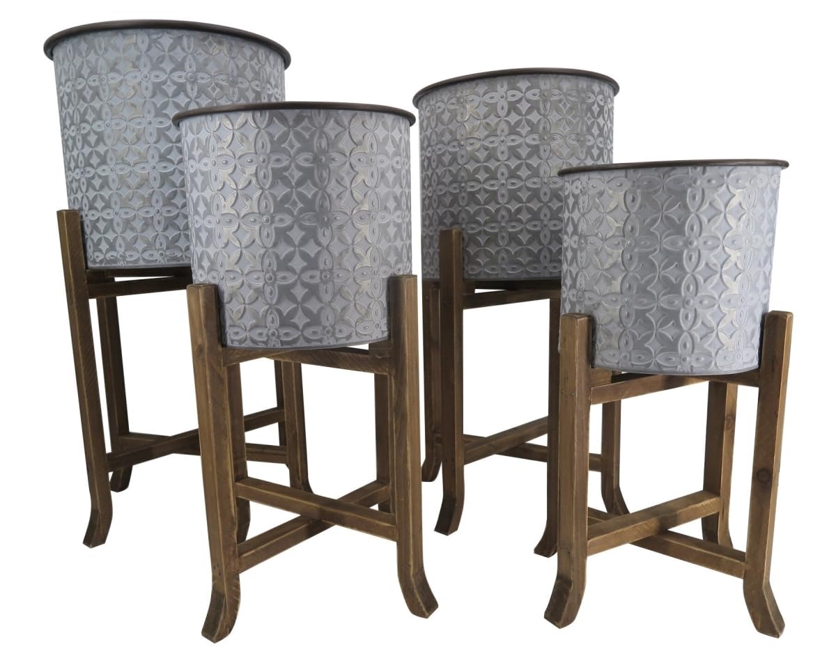 212 Main Patterned Silver Pots on Wooden Stands Planters, Set of 4