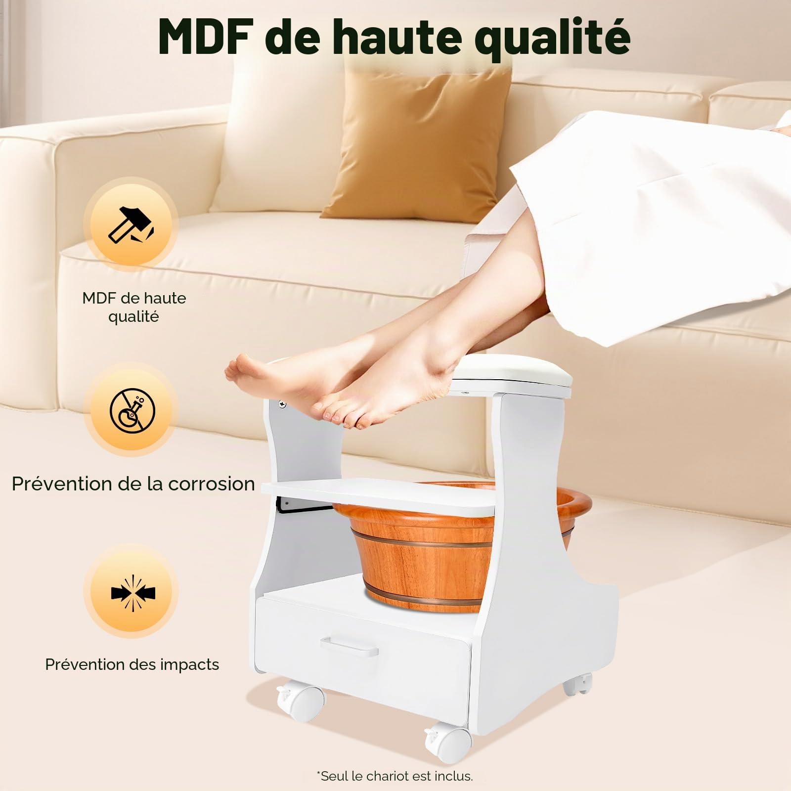 Chaise de Pédicure Mobile Avec Tiroirs, Chariot de Bain de Pieds Avec Roulettes pour Manucure et Massage (Blanc)