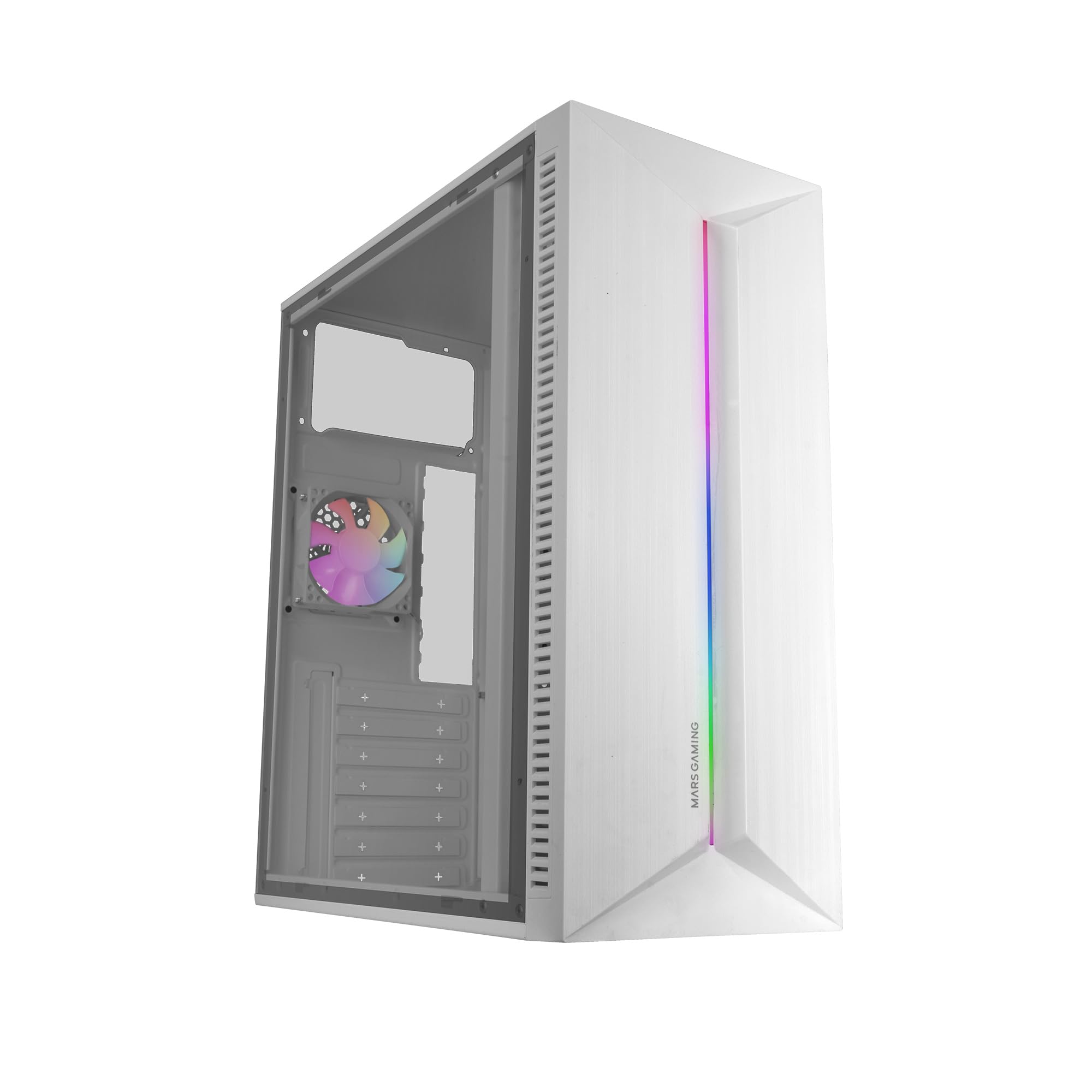 Mars Gaming MC-Blaze, Caja Gaming ATX, 1x Ventilador FRGB Trasero 80mm, Tira LED RGB Frontal con Múltiples Efectos, Ventana Lateral Completa, Semitorre PC con Amplia Capacidad Interna, Blanco