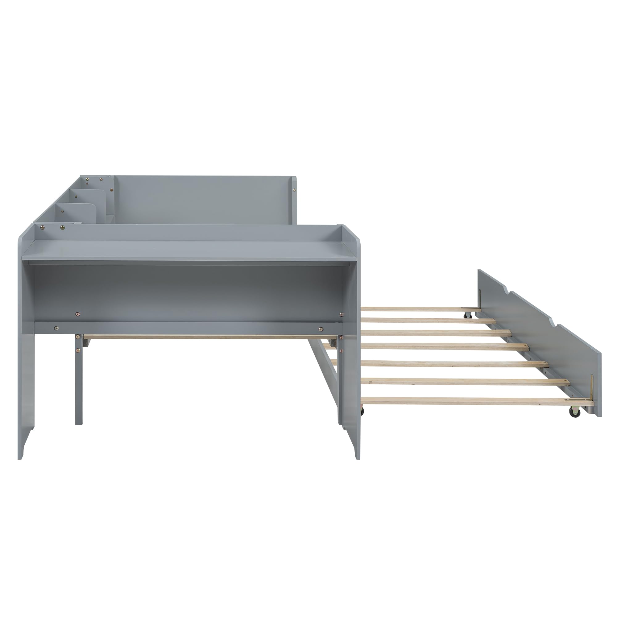 Moimhear 90 * 200cm, Flachbett, mit ausziehbarem Bett, mit Schreibtisch, DREI Regale an der Seite des Bettes (grau)