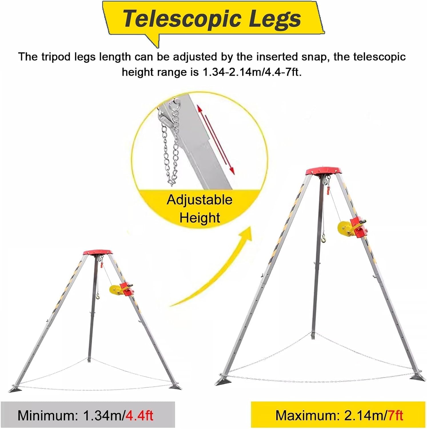 Fall Arrest Kits,Road Rescue Confined Space Tripod Kit, High Places/Cliffs/Deep Well Rescue Safety Guards Device Aluminum, 4.4ft-7ft Adjustable Legs, with 1200lbs/1800lbs/2600lbs Winch (Si