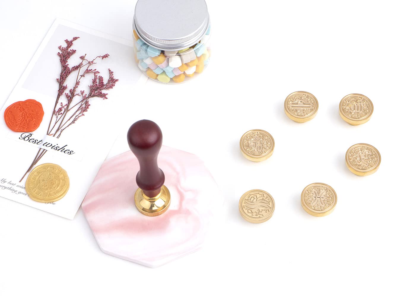 Wax Seal Stamp Set 12 Constellations Theme Zodiac Signs Brass Heads Wooden Handles Sealing Stamper Set