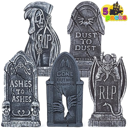 JOYIN 17 Halloween Tombstones for Graves Decorations Outdoor (5 Pack) Foam RIP Graveyard Headstone Decorations and 12 Bonus Metal Stakes for Halloween Yard Lawn Decor