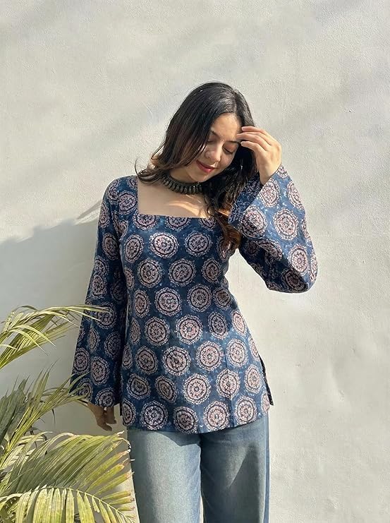 Image of ANNI Designer Women's Viscose Blend Printed Short Kurti | Straight Fit Casual Ethnic Top | Square Neck 3 /4 Sleeve Kurta Office College