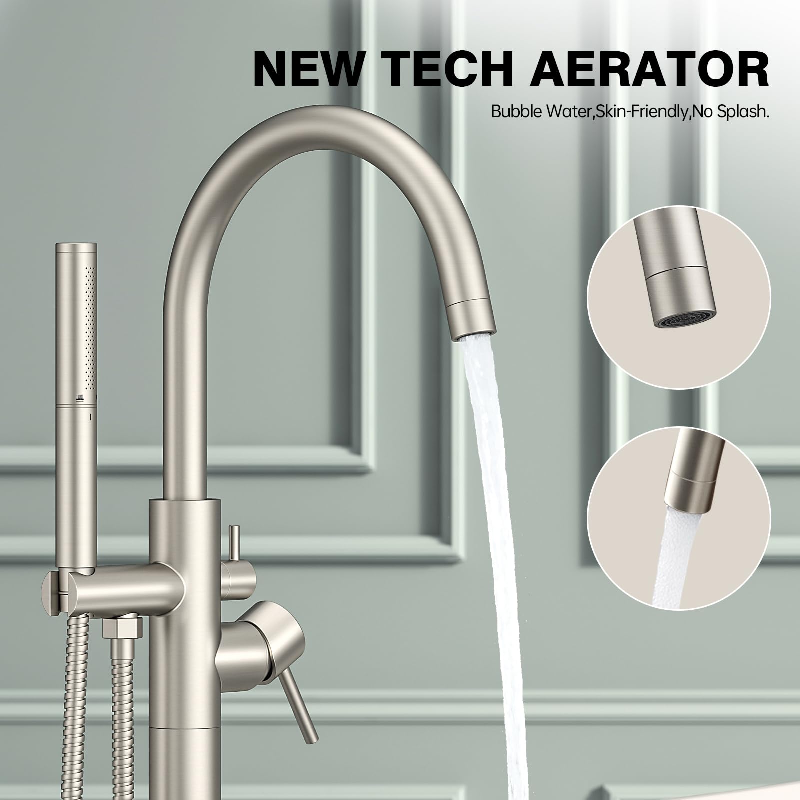 Wolnostojąca bateria wannowa ze szczotkowanego niklu do montażu na podłodze wolnostojąca metalowa wylewka łazienkowa gęsia szyja z 2 funkcjami prysznic ręczny