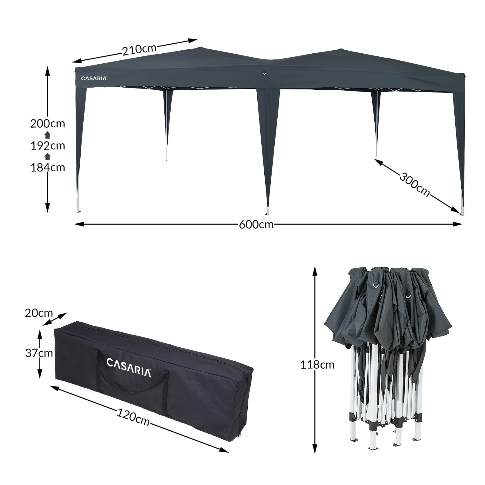 CASARIA Pavillon Capri 3x6m Pop-up Anthrazit | mit Tasche, Winterfest, UV-Schutz 50, Faltbar, Stabil, Camping, Garten, Faltpavillon, Partyzelt, 120x20x19cm, 6 personen