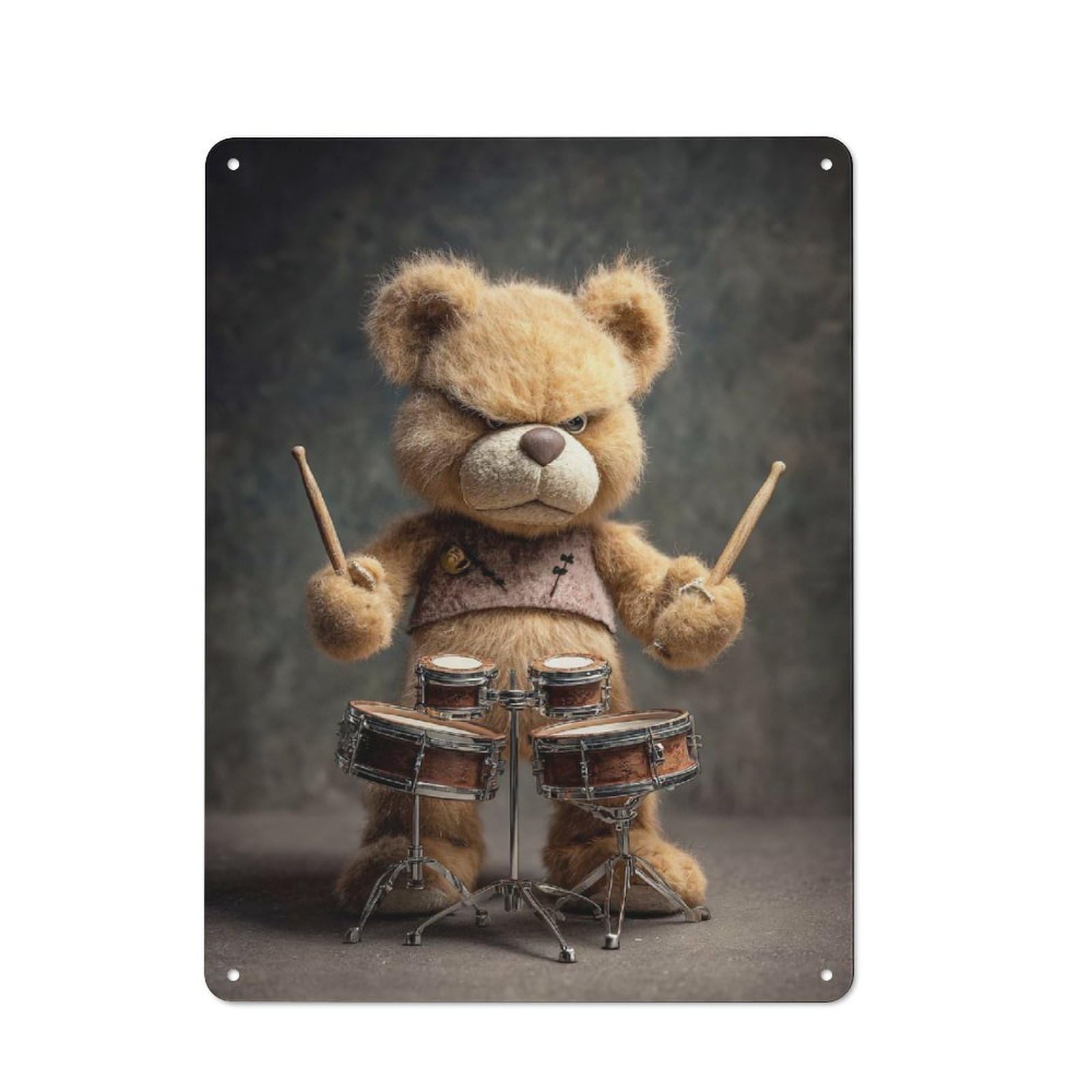 Junmoney Style-23 Grumpy Teddy Bear Drummer Poster, Picture, Metal Print, Paint By Creed Vintage Metal Sign 40X30cm, Shop Front Style Cafe Wall Decor For Coffee Bar, Small Shop Or Dining Room