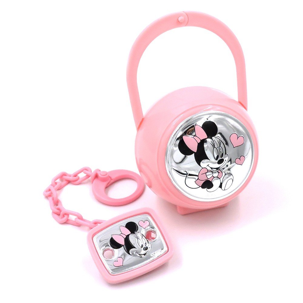 VALENTI & CO. Disney Baby Minnie Mouse Cornice Porta Foto Da Tavolo In Argento Per Neonato E Bambina & Disney Clip Ciuccio, Catenella Portaciuccio Con Box In Argento (Rosa)