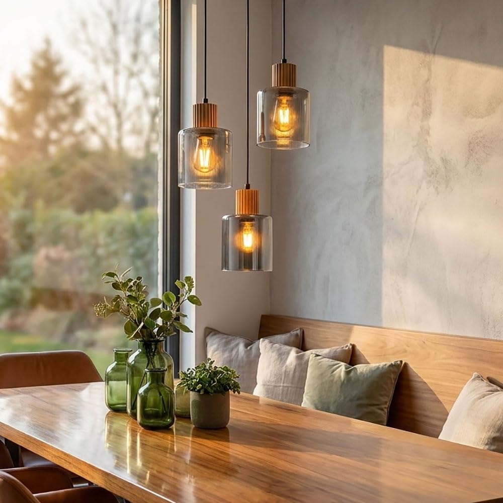 LED Pendelleuchte Hängelampe Esszimmerlampe 3-flammig Schwarz Holz H 120 cm