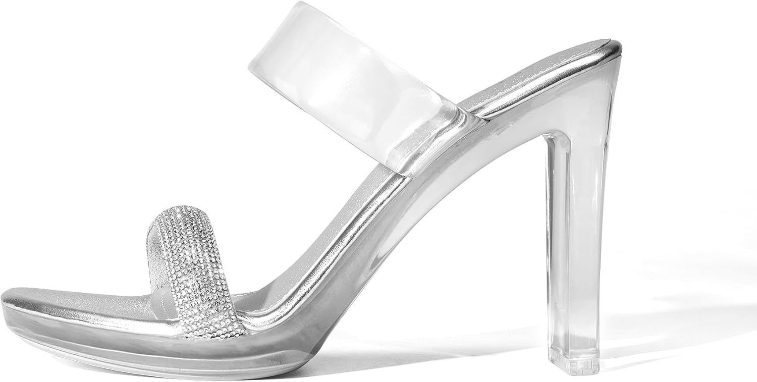 DREAM PAIRS Women's Clear Two Strap Open Toe High Heels Block Chunky Slip on Platform Comfortable Dress Heeled Sandals