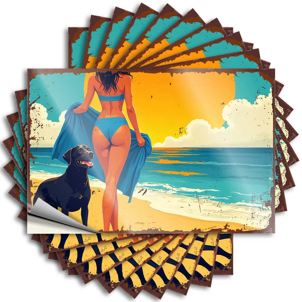 Door Decor Crazy Sticker - Beachside Bliss: Woman in Blue Bikini with Black Labrador Retriev Removable Decal Bumper Easy Peel for Billiard(6X9CM)