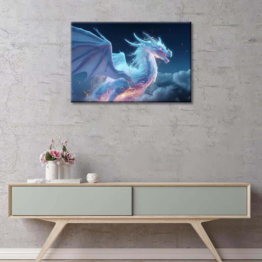 1 Pieces White Dragon Bedroom Wall Decor Dragon Canvas Paintings Posters for Room Aesthetic Mythical Creatures House Decorations Giclee Wooden Framed Gallery-Wrapped Ready to Hang (16"Wx24"H) - Image 2