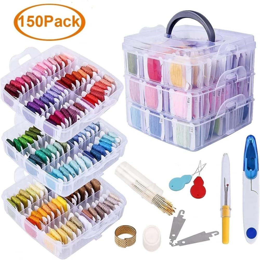 Juego de hilos de bordado de alta tenacidad, 150 colores, hilo de coser con cubos de hilo y tijeras, caja de herramientas