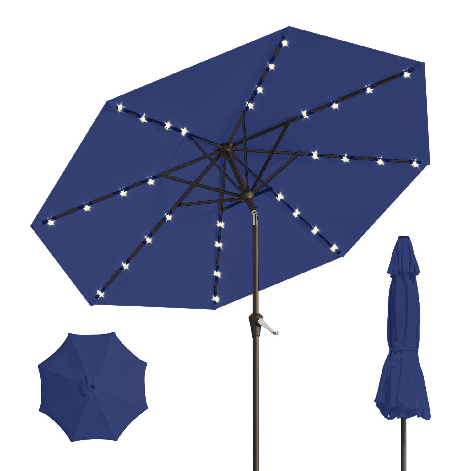 10FT Solar Umbrella 32 LED Lighted Patio Umbrella Table Market Umbrella w/Tilt and Crank, UV-Resistant Outdoor Umbrella for Pool, Garden, Deck, Navy Blue