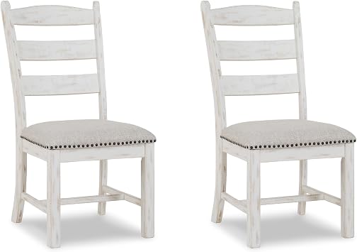 Signature Design by Ashley Valebeck Farmhouse Cushioned Dining Chair, 2 Count, Nailhead Trim, Fabric Upholstery, Solid Wood, 39" Seat Height, Whitewash