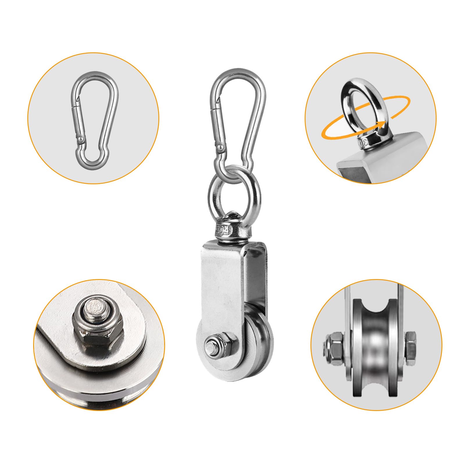 34mm Edelstahl-Umlenkrolle mit M6 Federkarabiner 250kg belastbar für Seile & Stahlseil Professionelle Snatch Block mit Doppelkugellager für Bauwesen Industrie Fitness Outdoor (4er Pack)