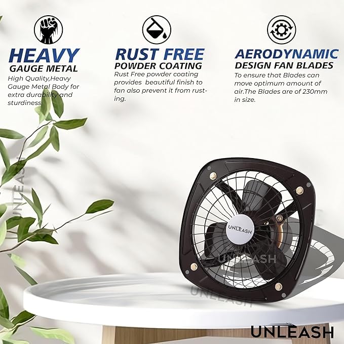 Image of Unleash Metal High Speed Exhaust Fan, 9 Inches (230mm), 55W, 3000RPM, Copper Winding Motor, Low Noise, for Bathroom and Kitchen | Warranty: 2 Years (Black)