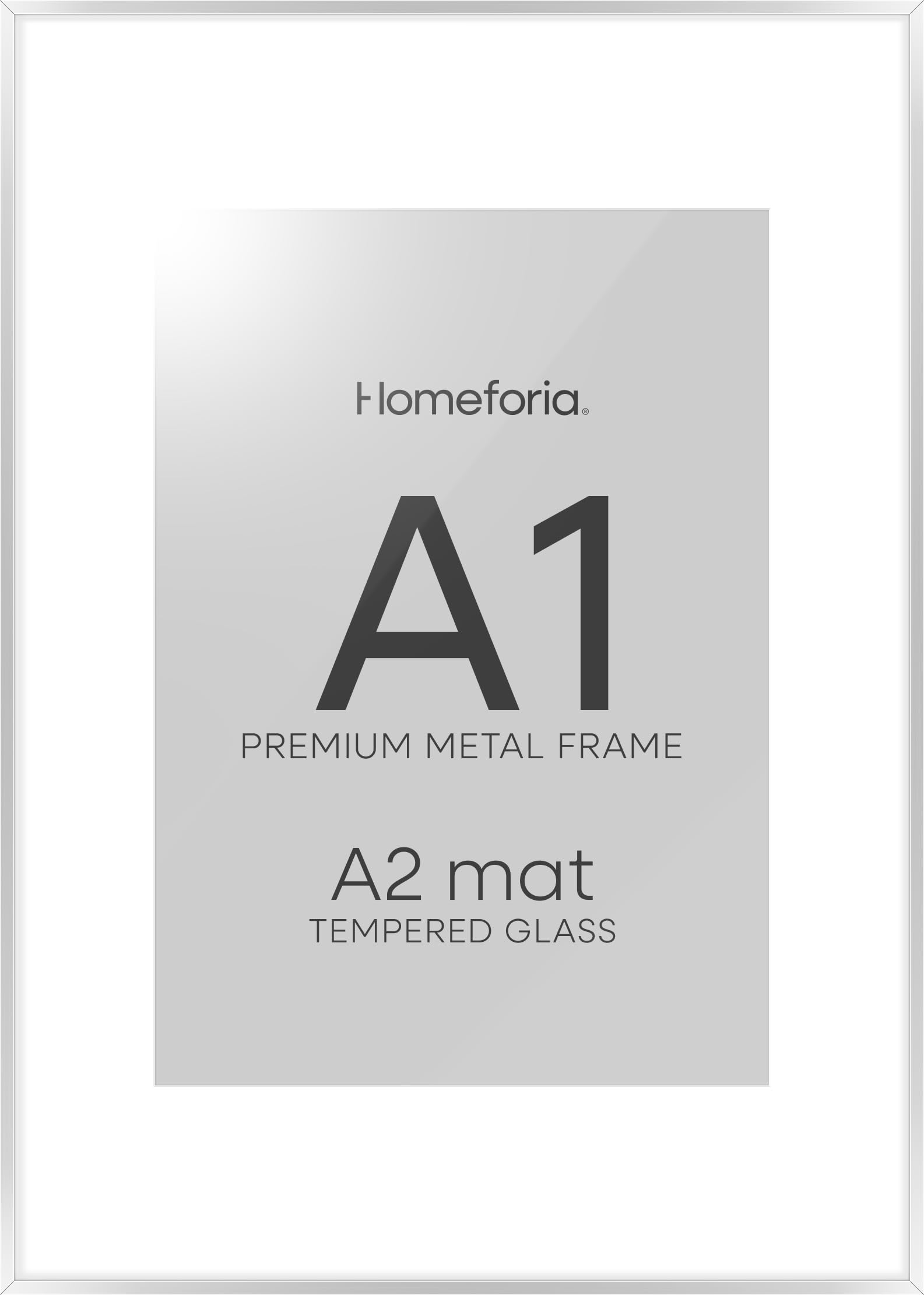 Homeforia A1 Silver Poster Frame, High-End Metal, A2 Mat, Glass | High End Aluminum, Tempered Glass, Acid-Free A2 Removable Mat, A1 Edge-to-Edge Display, Wall Kit, Set Of 2