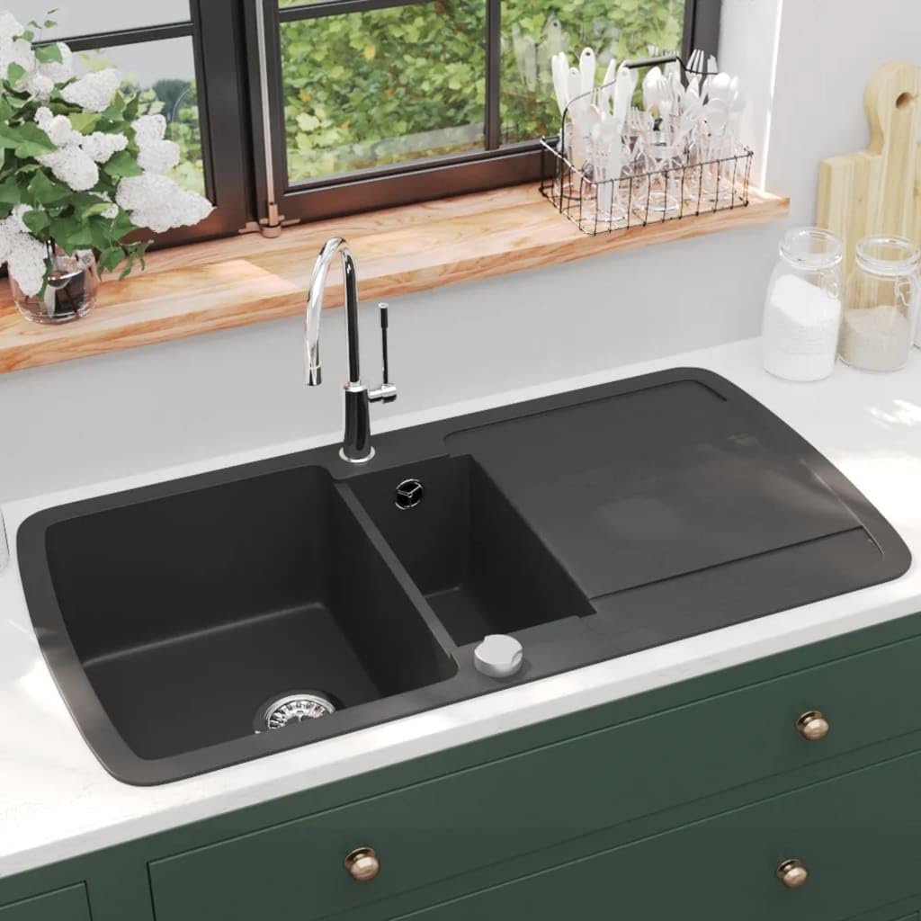 vidaXL Fregadero de Cocina 2 Seno Granito Lavadero Fregadero Lavabo Lavaplatos