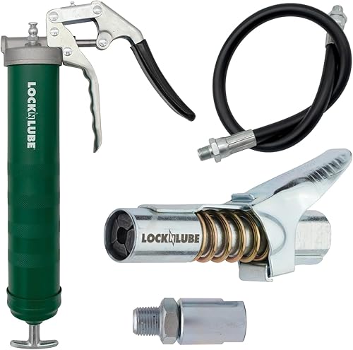 LockNLube Pistola de engrase resistente con empuñadura de pistola. Incluye nuestro acoplador de grasa patentado LockNLube (bloquea, permanece