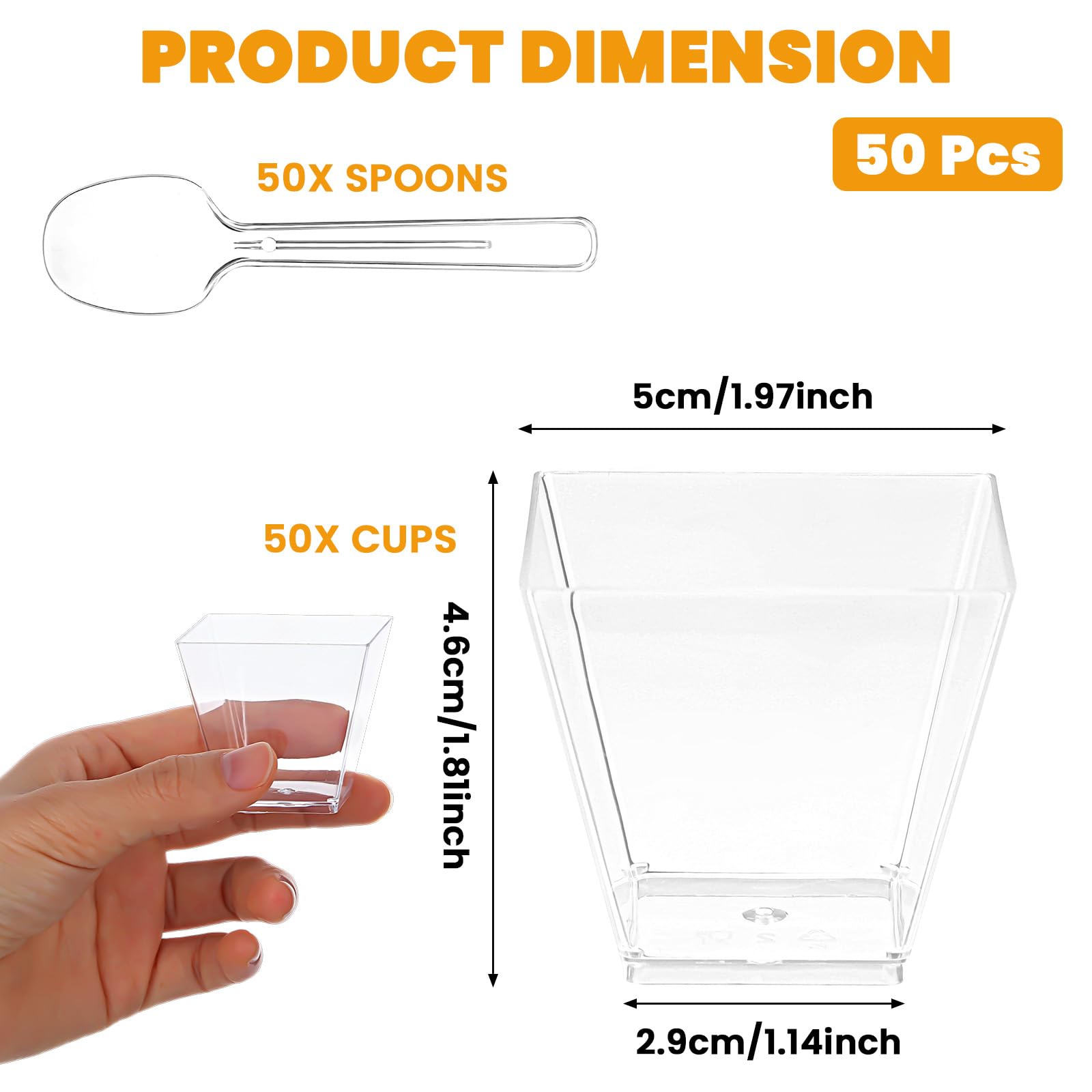 50 Pack 2 oz Square Dessert Cups with Spoons, Clear Dessert Shooter Cup Mini Serving Appetizer Cups for Yogurt, Parfait, Pudding and Jello, Serving Bowls for Tasting Party Samples