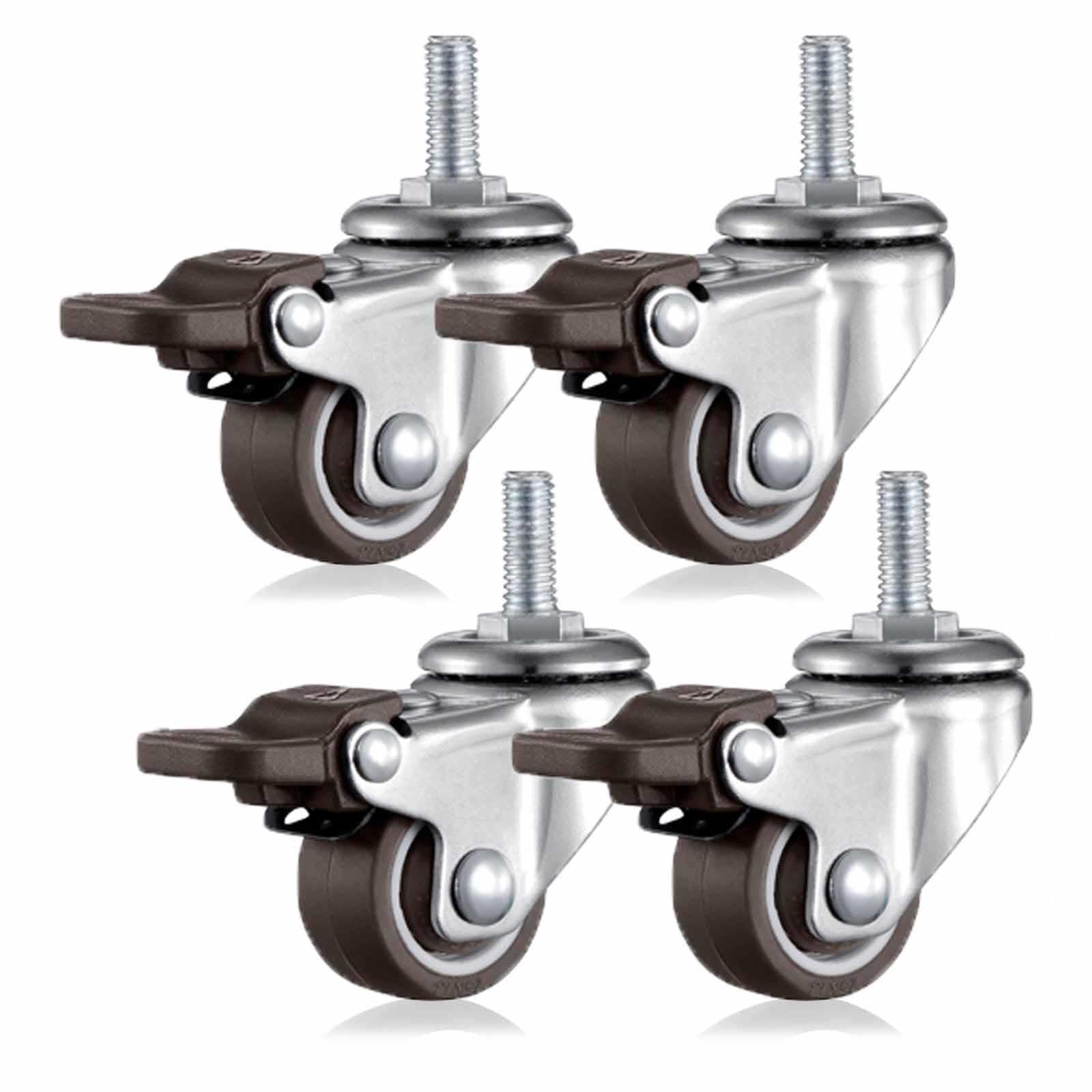 Small Furniture Castors,Set Of 4 25mm M6 Swivel Castors For Furniture,Silent Rubber Trolley Wheels With Brakes,Armchair Caster,Threaded Transport Wheels,Silver-4Brakes