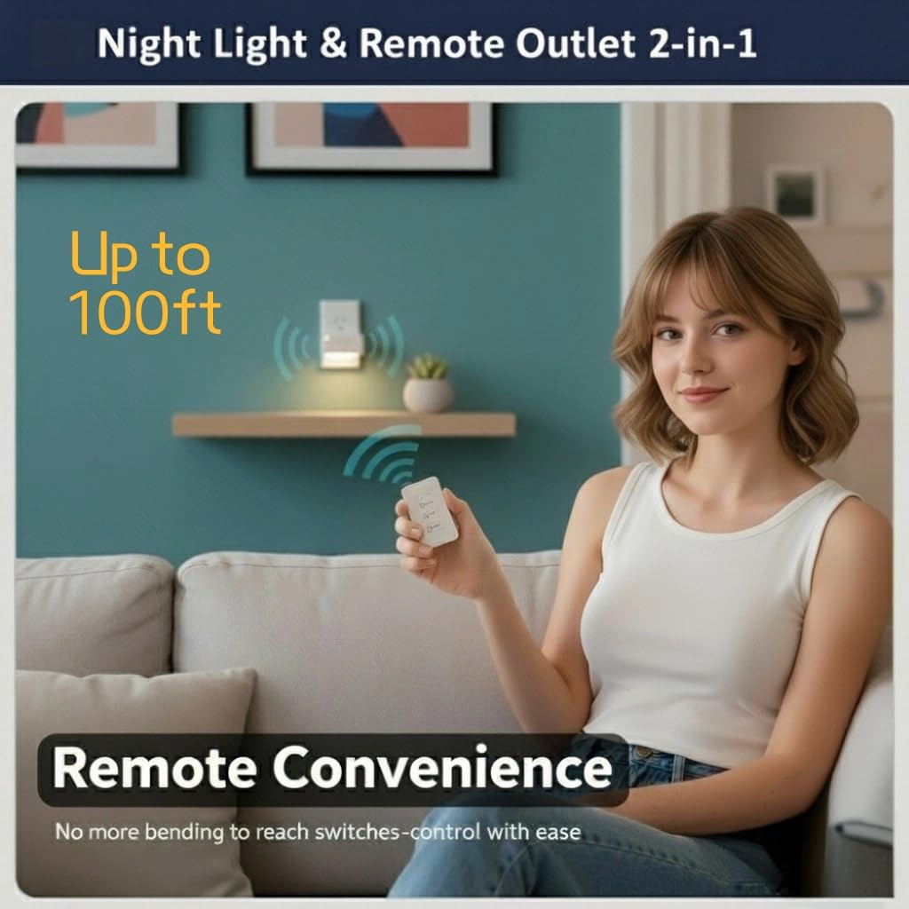 2-in-1 Remote Control Outlet with Night Light Plug Into Wall(Timer & Dimmable) – 100ft Range – No WiFi Needed – Wall Mount Switch for Bedroom, Hallway, Small Appliances & Hard-to-Reach Sockets