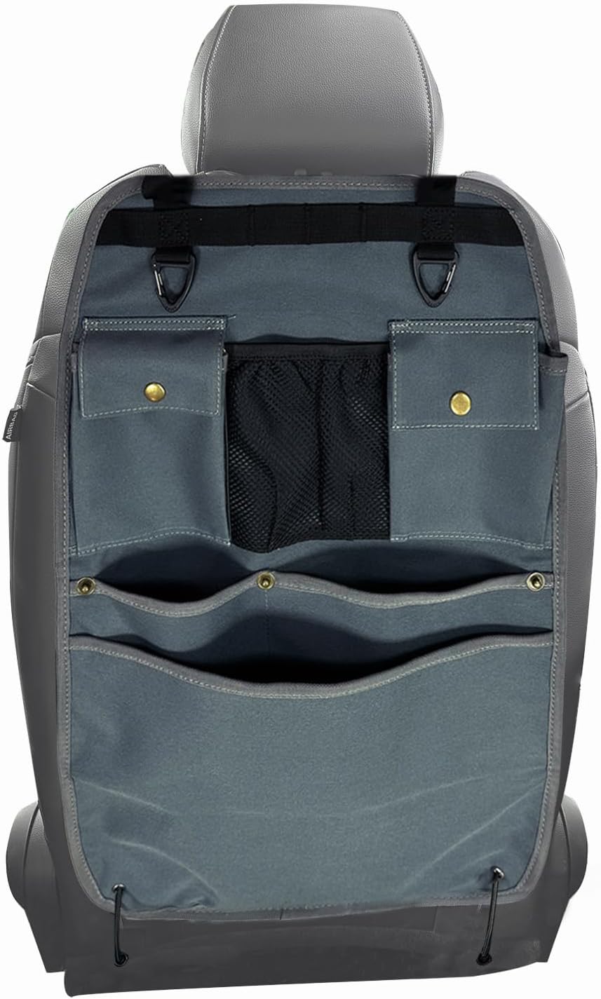 Black Car Seat Back Organizer with Multiple Pockets and Hooks
